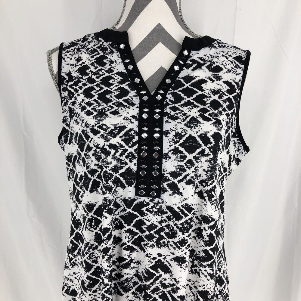 Per Seption Concept Black White Snakeskin Rhinestone Sleeveless Blouse Large
